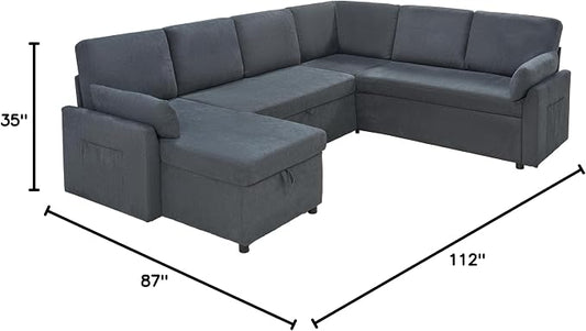 PaPaJet Sofa Bed, 112 Inch Sleeper Sofa, Oversized U Shaped Couch with Storage Chaise, Pull Out Couch for Living Room, Chenille Gray