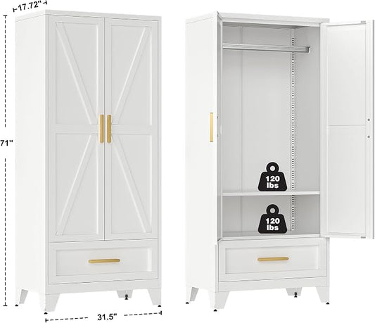 QINPTWUT 71" Tall Metal Wardrobe with Doors, Hanging Rod & Adjustable Shelf, Freestanding Steel Armoire for Bedroom Home Office, 1-Drawer White