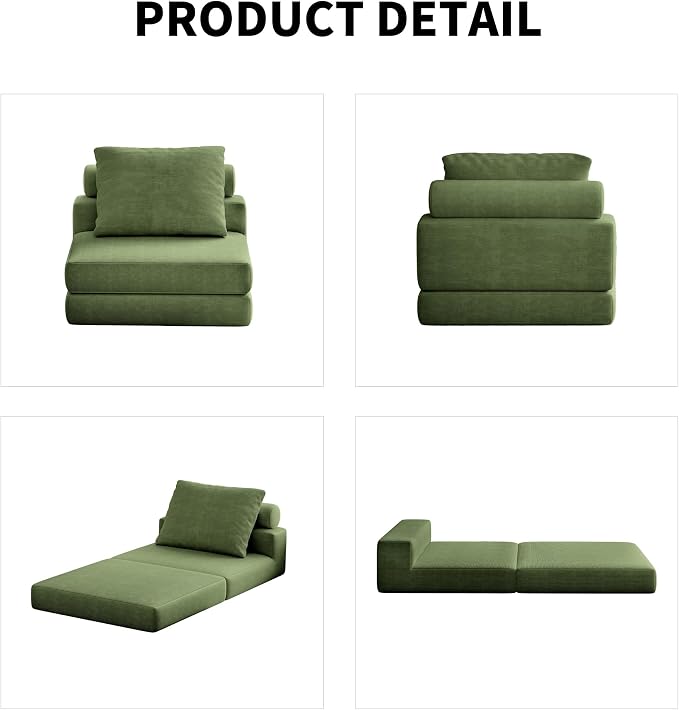 Folding Sofa Bed, 3-in-1 Convertible Sleeper Chair Bed with Pillows, Foldable Floor Couch with High-Density Foam, Futon Small Boneless Couch for Living Room Bedroom Lounge, Single, Green