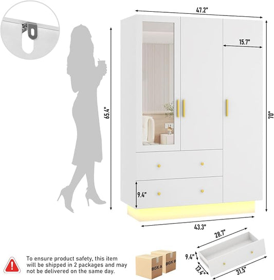 jiteentarou 3 Door Wardrobe Closet with Mirror & LED Lights, Bedroom Armoire with Drawers & Shelves, Modern Wooden Armoire Wardrobe Closet with Hanging Rod for Bedroom, White