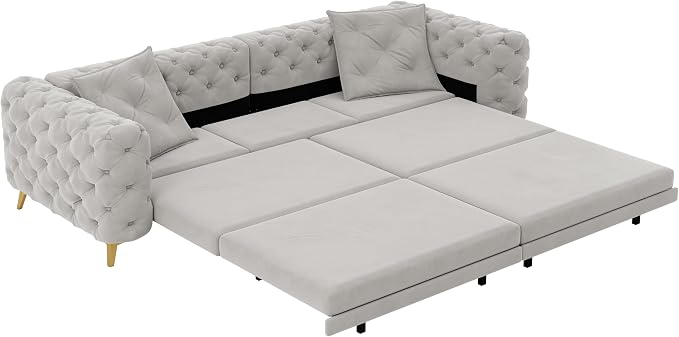 97.7'' Pull Out Sofa Bed King, Chesterfield Velvet Sleeper Sofa, Convertible L-Shaped Futon Couch, Tufted Back, Ottoman, Deep Seat Loveseat Couches for Living Room, Apartment, Light Gray