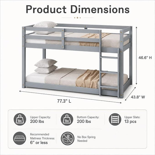 Twin Over Twin Bunk Bed, Low Profile Wooden Frame for Kids Bedroom, Floor Bunk with Ladder and Guardrails, Rubber Wood Construction, 13 Plywood Slats, No Box Spring Needed (Grey)