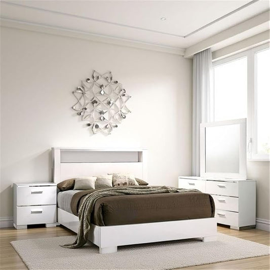 Pemberly Row 4 Pc Queen Bedroom Set, Solid Wood and Veneer, High Gloss White Finish, LED Headboard with Shelf, Chrome Accents, Includes Nightstand, Dresser, Mirror, Modern Bedroom Furniture