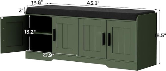 Homleke 2-Tier Storage Bench, Shoe Bench with Thickened Padded Seat Cushion, Entryway Bench with 4 Doors, Adjustable Shelf, 13.8" D x 45.3" W x 18.5" H, for Entryway, Living Room, Bedroom, Green