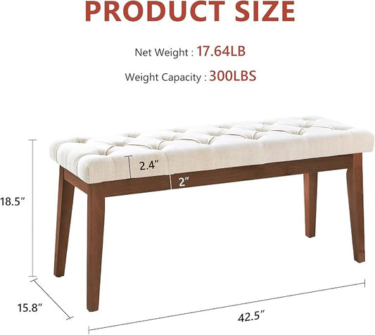 kinmars Upholstered Bench for Bedroom End of Bed,42.5-inch Entryway Bench for Living Room,Dining Bench with Padded Seat and Solid Wood Leg for Kitchen Bedroom,Indoor and Hallway