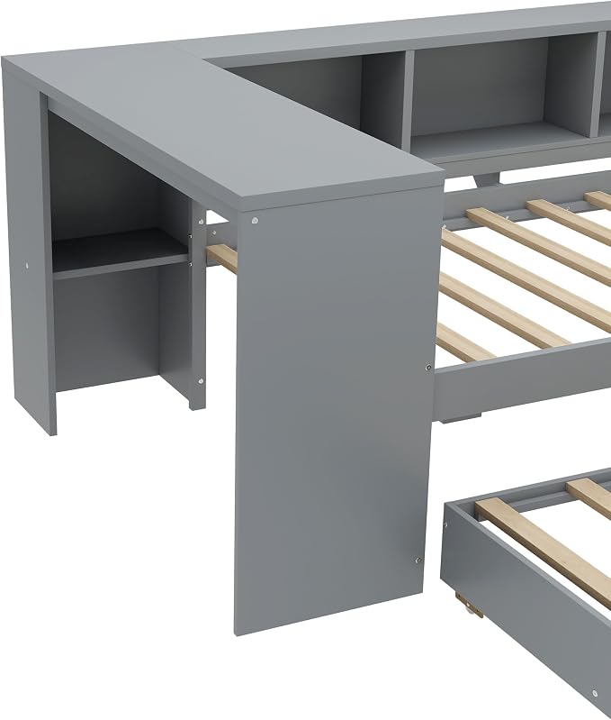 Bellemave Twin Size Corner Bed Frame with Storage Drawers and Desk,Captain Daybed with Bookcase,Corner Bed Frame Twin Size with Trundle for Kids,Teens,Guests,Gray