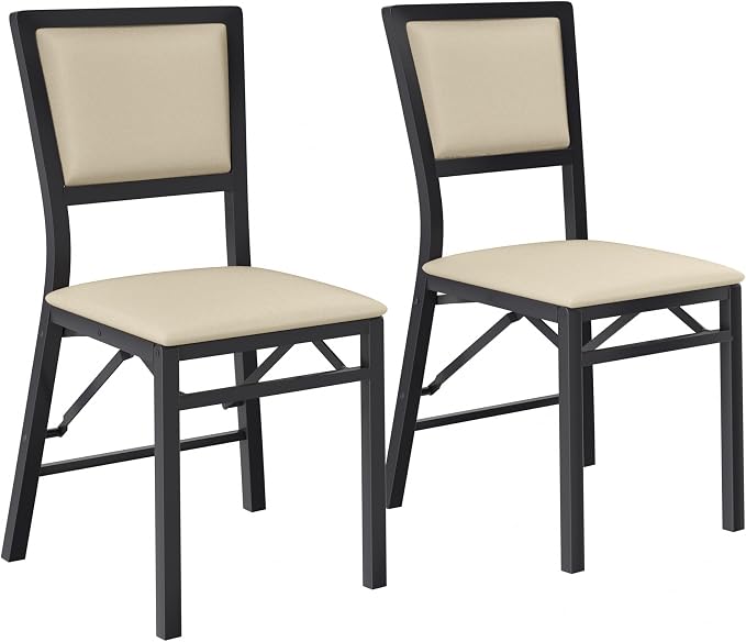 VECELO Folding Dining Chairs Set of 2, Metal Padded Foldable Seating with Comfortable Faux Leather, Space-Saving Portable Guest Seats for Kitchen & Office, No Assembly, Creamy Beige