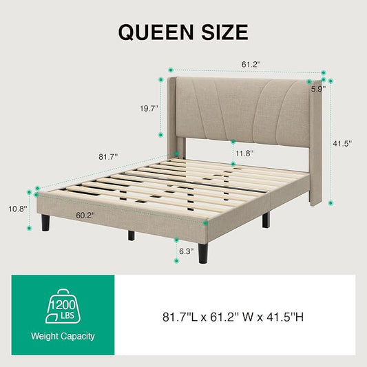 Novilla Queen Size Bed Frame, Queen Bed Frame with Headboard, Linen Upholstered Wing Side Headboard, No Box Spring Needed, Heavy Duty Feet, Easy Assembly, Beige