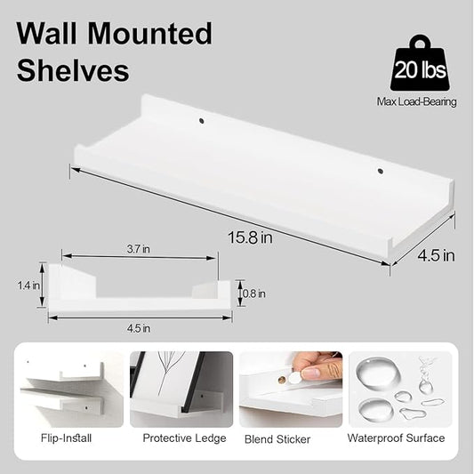 White Floating Shelves for Wall Decor, Wall Mounted Wood Storage Shelf for Bedroom, Living Room, Bathroom, Kitchen, Nursery, Display Picture Ledge Shelf with Lip Set of 2-16 Inches, White