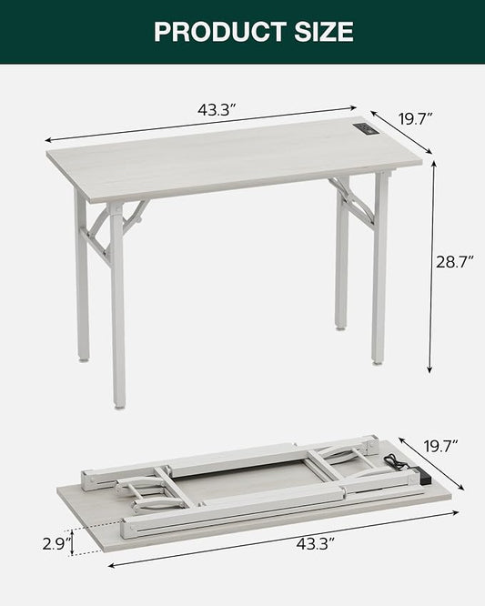 Frylr Small Folding Computer Desk – 43.3 Inch Portable Table for Craft and Study, Lightweight Desk for Small Spaces, Foldable Laptop Table Built-in AC/USB Outlets for Convenience, White Ash