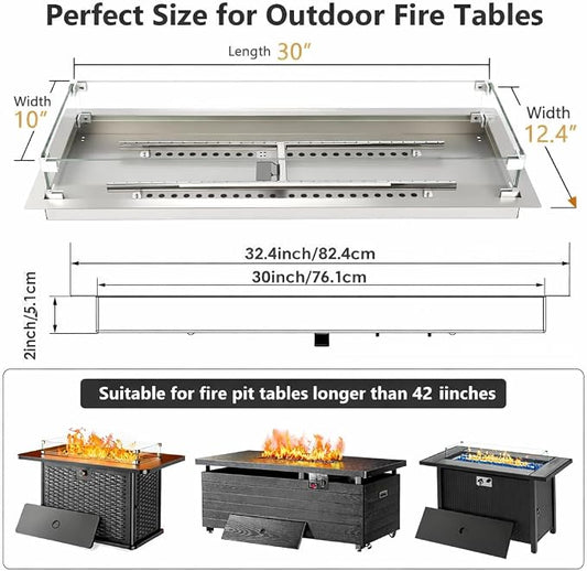GRISUN Upgraded 30" x 10" Drop-in Fire Pit Kit with Glass Wind Guard & Lid, Linear Fire Pit Burner Pan, Stainless Steel Fire Pit Insert with Spark Ignition
