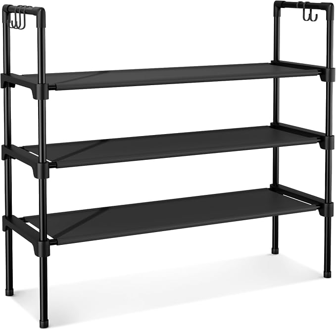 LANTEFUL 3 Tier Shoe Rack for Closet, Shoe Organizer with 5 Hooks, Long Shoe Shelf Storage for Sneaker and Boot Stackable Free Standing Shoe Rack for Entryway, Garage, Small Spaces, Dorm (Pack of 2)