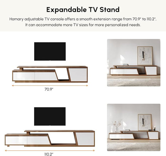 homary Extendable TV Stand with 3 Drawers Minimalist Rectangle Entertainment Center White & Walnut TV Console Up to 110" (70.9”W-110.2”W)