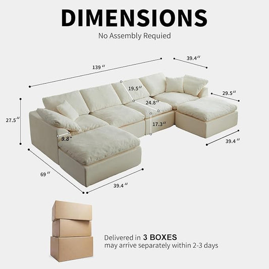 138" Boneless Cloud Couch Sectional for Living Room, Oversized Modular U Shaped Sofa with Double Chaise, Deep Seat Chenille Sectional Couch for Cloud-Like Comfort(U-Shaped Beige)