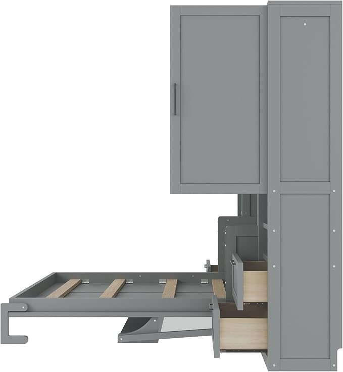 Full Size Murphy Bed with Storage, Wall Bed with Closet and Drawers | Top shelf, side wardrobe and two drawers keep bedding, clothes and daily items organized in a compact cabinet