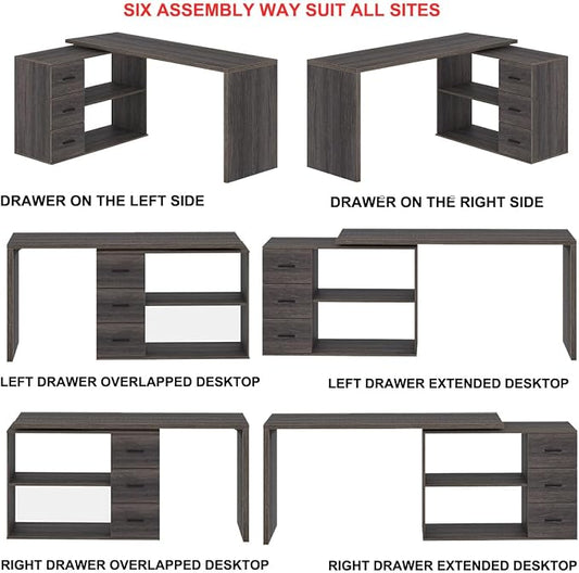 HSH L Shaped Computer Desk with Drawers, L Shaped Desk with Storage Cabinet Shelves, Large Reversible Corner Executive Home Office Desk, Industrial Wood Work Writing Study Table Workstation,Gray 60 In