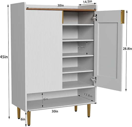 Modern Shoe Storage Cabinet, 7-Tiers White Shoes Cabinet with Fluted Doors, 45 inch Tall Wooden Shoe Organizer with 4 Adjustable Shelves, Storage Cabinet for Entryway, Hallway, Front Door