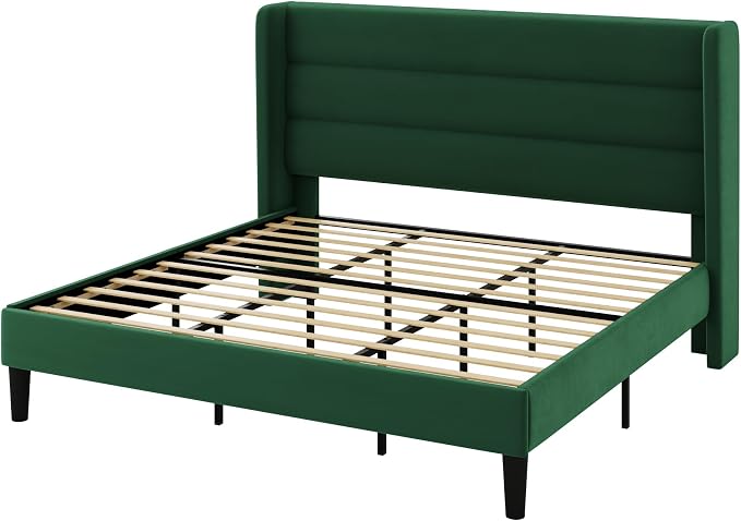 Allewie King Size Platform Bed Frame with Velvet Upholstered Wingback Headboard, No Box Spring Needed, Strong Wooden Slats, Under Bed Storage Space, Modern Mattress Foundation, Easy Assembly, Green