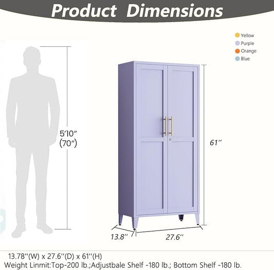 Lockable 61 Inch Tall Metal Storage Cabinet with Adjustable Shelves,4-Tier Steel Storage Locker,2-Door Metal Display Cabinet for Bedroom,Living Room, Home Office Purple