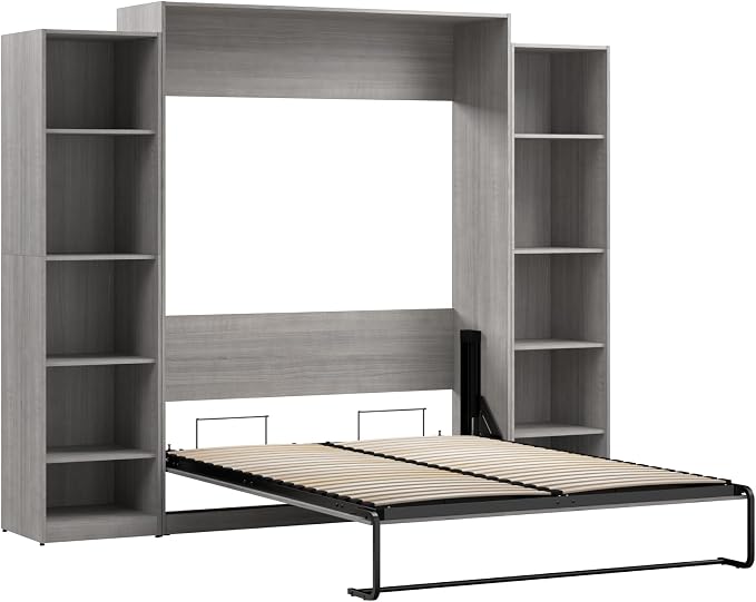 Bestar Claremont Queen Murphy Bed with Closet Organizers (105W) in Platinum Gray, Space-Saving Sleeping Arrangement for Multipurpose Room
