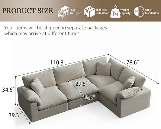 Modular Sectional Sofa, 4 Seater Cloud Couch,Down Filled Comfy Cloud Modern Sofa,Light Beige Linen Oversized Couch Cushion Covers Removable for Living Room