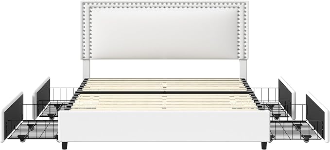 VECELO Full Size Upholstered Bed Frame with 4 Storage Drawers, Adjustable Velvet Rivet Decor Headboard, Wooden Slats Platform Support, No Box Spring Needed, Easy Assembly,White