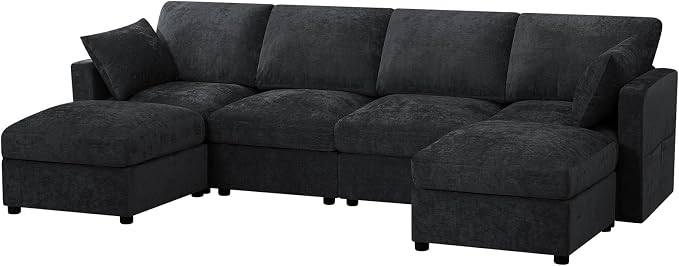 110” Chenille 4-Seats Sofa W/Two Movable Ottomans, Black | Modern Fabric U-Shaped Couch w/Soft Backrests, Upholstered Sectional Sofa w/Arm Pillows for Living Room, Office