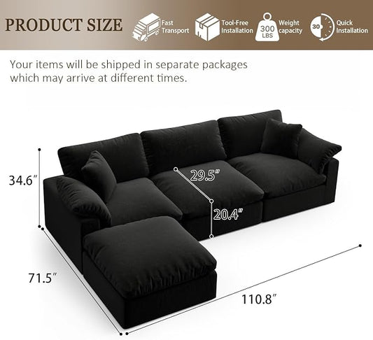 Modular Sectional Sofa Cloud Couch,Down Filled Comfy Cloud Modern Sofa,Black Linen L Shape Oversized Couch Cushion Covers Removable Furniture for Living Room