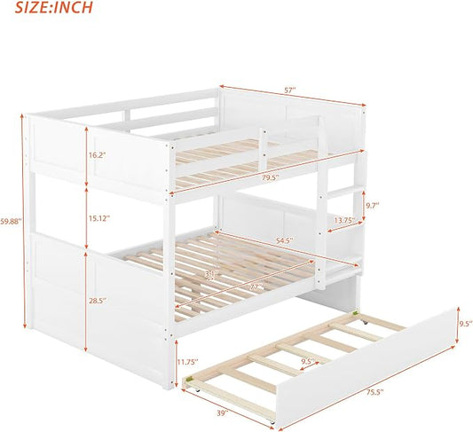Bellemave Bunk beds Full Over Full with Twin Size Trundle, Low bunk Bed for Kids Adults and Teenagers,White