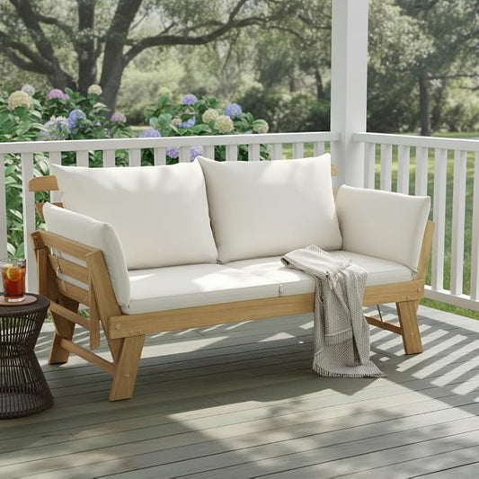 Tangkula Convertible Acacia Wood Patio Couch Sofa Bed with Adjustable Armrest, Outdoor Daybed with Cushion & Pillows, Outside Folding Futon Sofa Couch Bench for Porch, Courtyard, Poolside & Garden