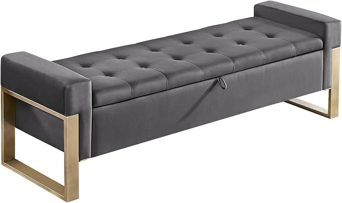 End of Bed Storage Bench, 67'' Benches for Bedroom Foot of Bed King Size, Upholstered Velvet Tufted Storage Ottoman Bench with Gold Legs for Window Living Room Entryway, Grey