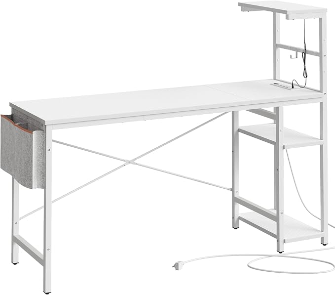 Bestier Gaming Desk with Power Outlets, 61 Inch Large Led Gamer Desk with 4 Tiers Reversible Shelves, PC Gaming Table with Headset Hook & Side Storage Bag for Bedroom (White 3D Carbon Fiber)