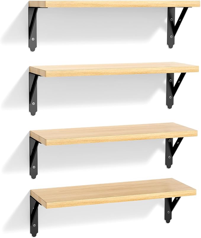 ROMGUAR CRAFT Wood Floating Shelves Set of 4, Rustic Storage Decor Wall Shelves, Wall Mounted Shelf for Living Room, Bedroom 17" x 6", Natural