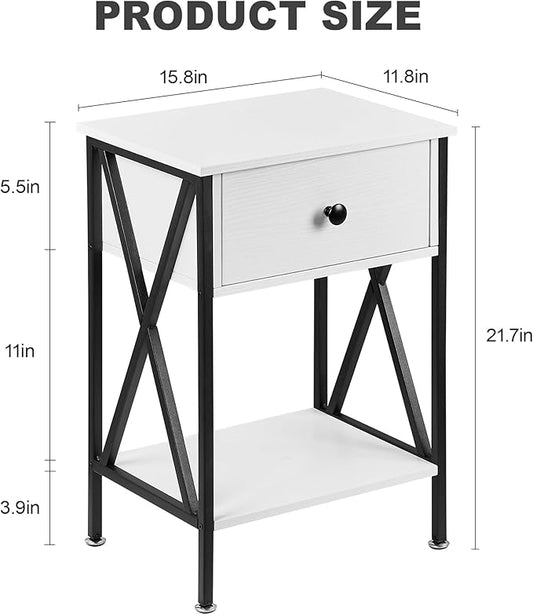 VECELO Nightstands Set of 2, Modern Bedside End Tables, Night Stands with Drawer and Storage Shelf for Living Room Bedroom, Industrial Metal Frame