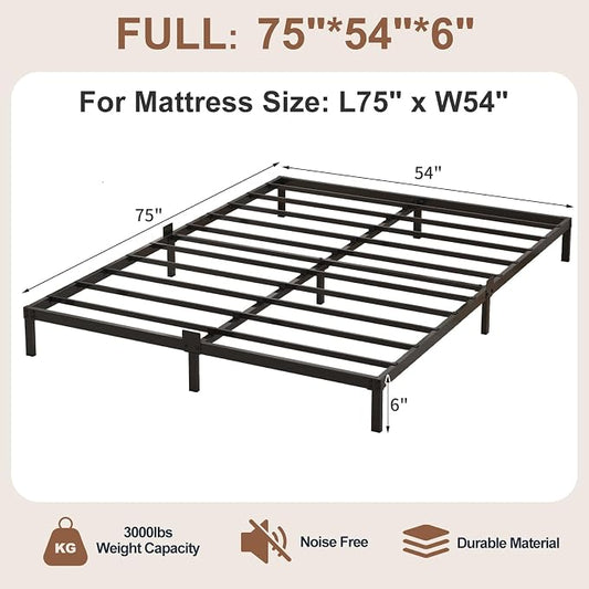 6 Inch Low Profile Full Size Bed Frame, Noise-Free Heavy Duty Metal Platform with Mattress Stopper, No Box Spring Needed, Easy Assembly Steel Support, Black