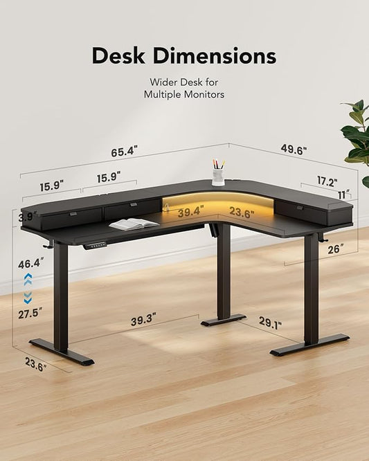 HUANUO 65″ L-Shaped Standing Desk with Power Outlets & LED Strip, Electric Height Adjustable Corner Computer Desk, Sit Stand Up Desk with 3 Drawers, Black