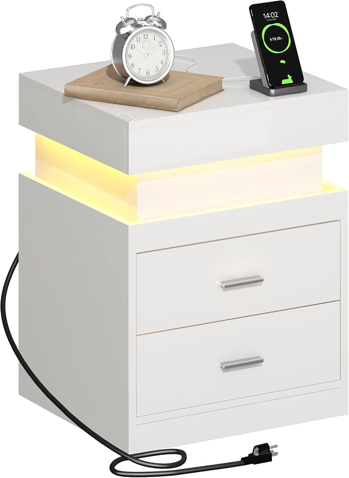 ChooChoo LED Nightstand with Charging Station, Smart Night Stand with Sliding Top Storage, 2-Drawers High Gloss Bedside Table, Modern End Table for Bedroom,White
