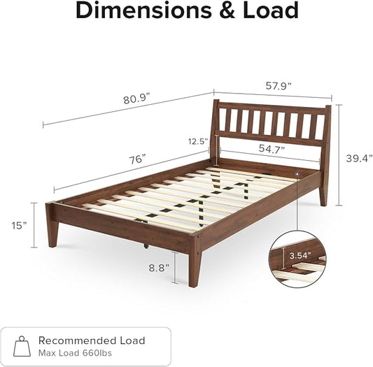 mopio Ted Bed Frame with Headboard, Mid Century Modern Acacia Solid Wood Platform Bed Frame, Wooden Slats, No Box Spring, Double Metal Bar Support (Solid Wood Slatted, Full)