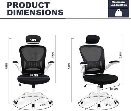 Office Chair Ergonomic Desk Chair Comfort Adjustable Height with Wheels,Lumbar Support Mesh Swivel Computer Home Office Study Task Chair Black & White