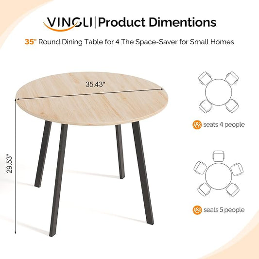 VINGLI Round Dining Table for 2-4, 35in Modern Dining Room Table with Metal Base, Light Oak Wooden Kitchen Table, Space-Saving, Small Space Circle Dinette for Home, Kitchen, Apartment