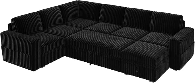 HONBAY Modular Sectional Sleeper Sofa with Pull Out Bed,Corduroy U Shaped Couch with Storage, Sectional Couches for Living Room,Black