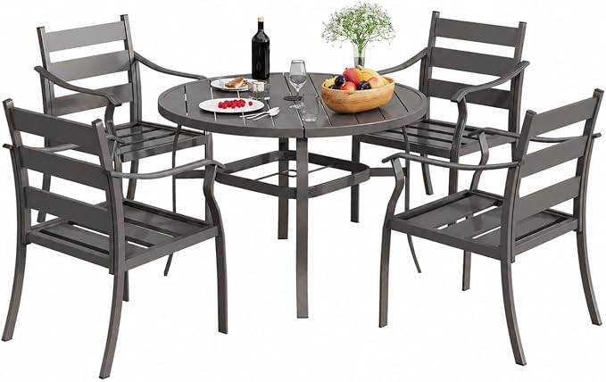 EROMMY 5-Piece Round Outdoor Patio Dining Set, 4 Metal Slat Chairs & Round Table with Umbrella Hole, All-Weather Outdoor Furniture for Backyard, Garden and Poolside
