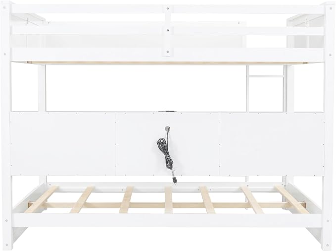 Queen Over Queen Bunk Bed with Built-in Shelves and USB Ports, Solid Wood Bunk Bed Frame with Safety Guardrail, for Kids Boys Girls Bedroom, No Box Spring Needed (White)