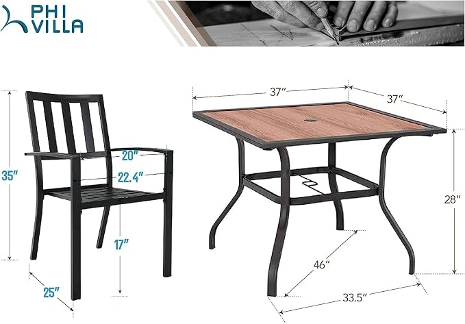 PHI VILLA 5 Pieces Outdoor Dining Set for 4, 37" Square Metal Table with Polywood Top & Stackable Wrought Iron Chairs, Outside Furniture Set for Patio, Deck, Backyard, Porch