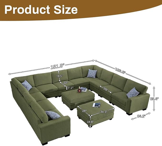 Legend Vansen Oversized Modular Sectional Sofa,8 Seat U Shaped Couch with Ottoman,Corduroy Sofa with Deep Seat,Convertible Large Sectional Couches for Living Room (Olive, U-13)