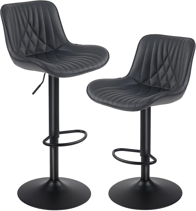 YOUTASTE Black Bar Stools Set of 2, Adjustable Swivel Faux Leather Counter Height Bar Stool, Chairs with Metal Base, 300 LBS Capability, for Home Kitchen Island