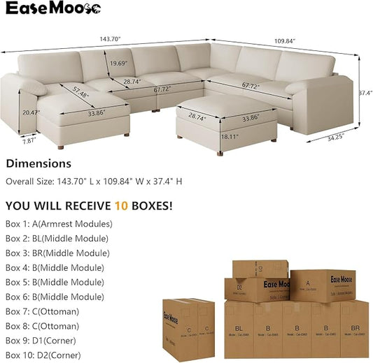 EASE MOOSE Faux Leather Sectional Couch, Oversized Modular Sofa, Modern Comfy Modular Couch, Scratch Resistant Material Sofas, U Shaped Couch for Big Spaces, Beige