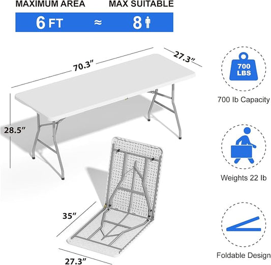 4 Pack Folding Stools with Foldable Table 6ft, Heavy Duty Dining Table and Chairs with Lock Function & Carrying Handle, Portable Indoor/Outdoor Furniture Set for Camping, Picnic, Party White
