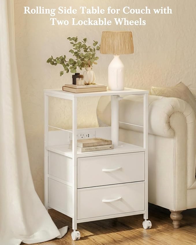Faesun Swivel Lift Top Nightstand with Charging Station, Rolling Side Table for Recliner, Bedside Table with Wheels & 2 Fabric Drawers, for Small Spaces, for Bedroom, Living Room, White
