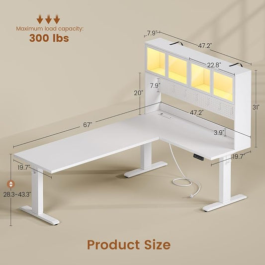 SEDETA 67" Standing L Shaped Gaming Desk, Office Computer Desk with Storage Hutch, Stand Up Corner Desk with Pegboard & Led Lights for Home Office, White